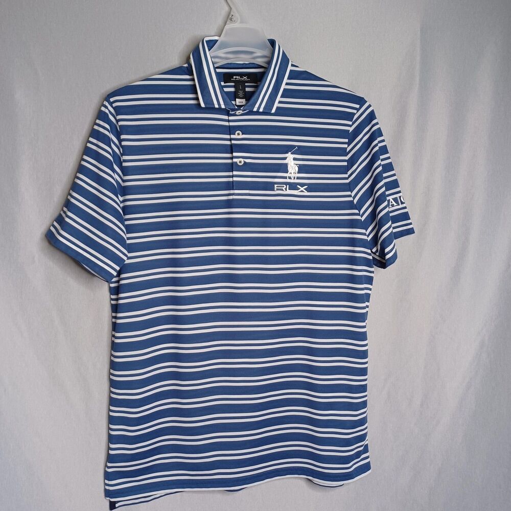 RLX Ralph Lauren Polo Shirt Mens Large Blue Stripe AJGA Golf Performance Logo